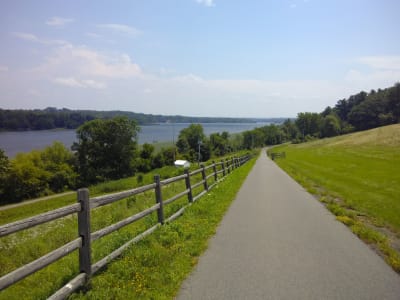 The bike path with lake and trees in the background