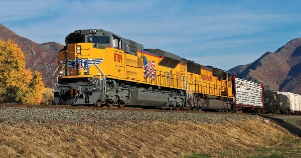 Union Pacific locomotives hauling a freight train